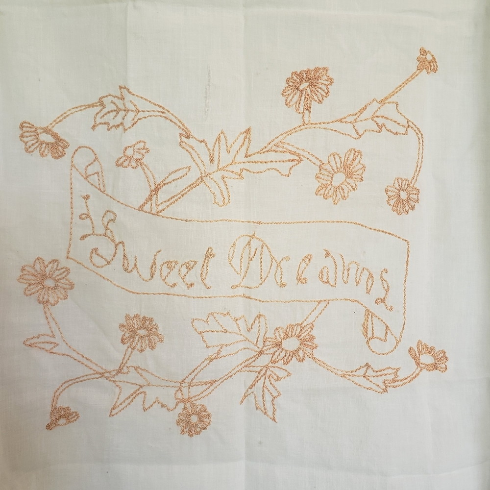 Antique Handmade "Sweet Dreams" Fine Linen Wall hanging or Tablecloth, 2 avail.